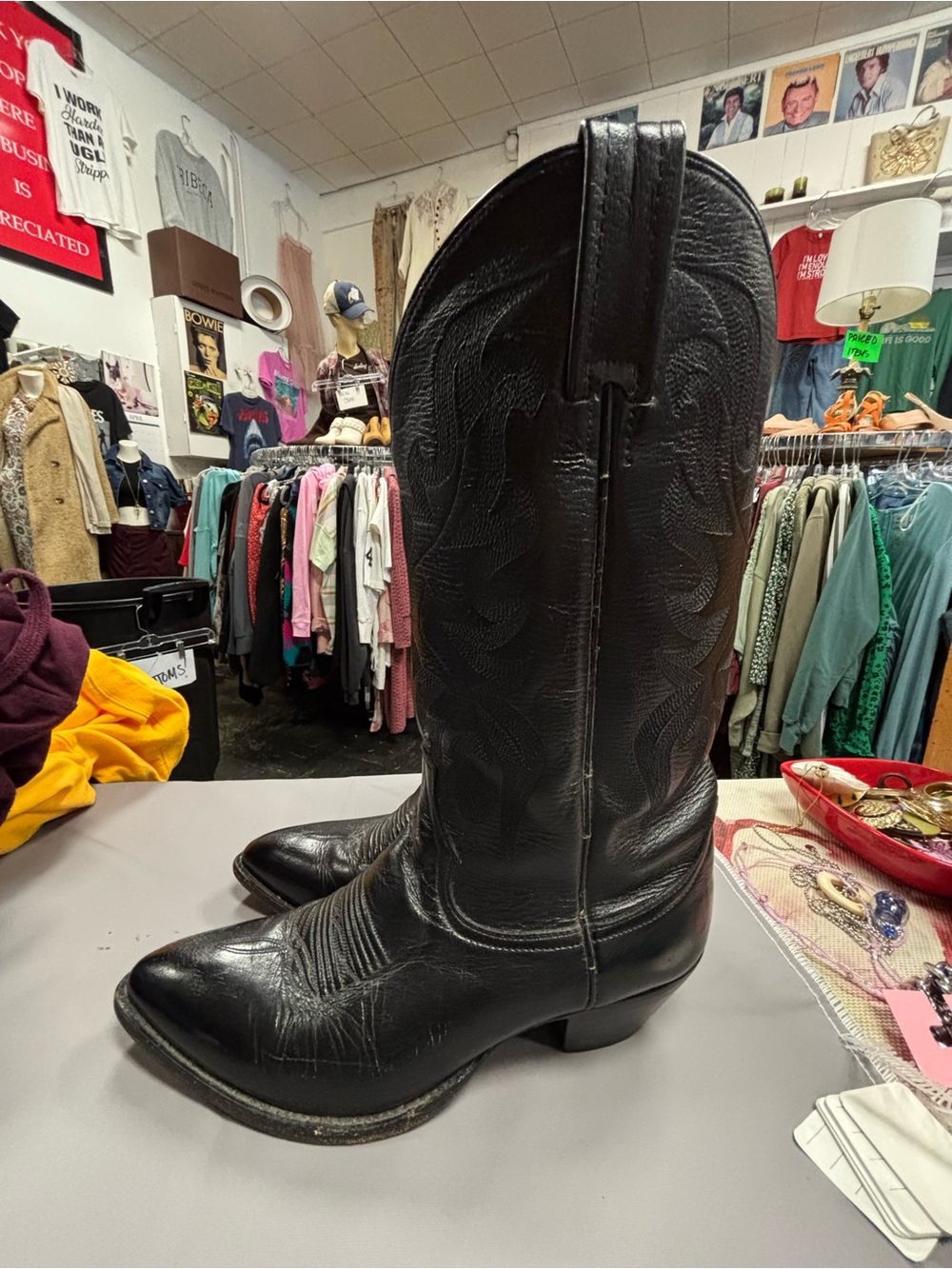 Vintage Dan Post Black Leather Western Cowboy Boots